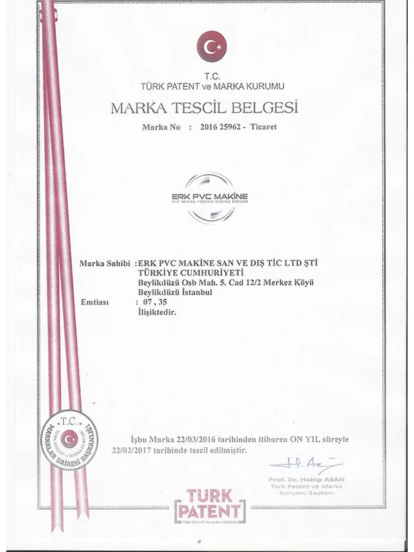 Corporate - Erk Pvc Makine marka tescil belgesi - Erk Pvc Makine