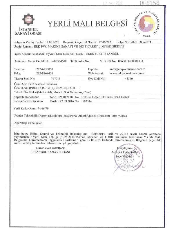 Corporate - Erk Pvc Makine yerli mali belgesi 1 - Erk Pvc Makine